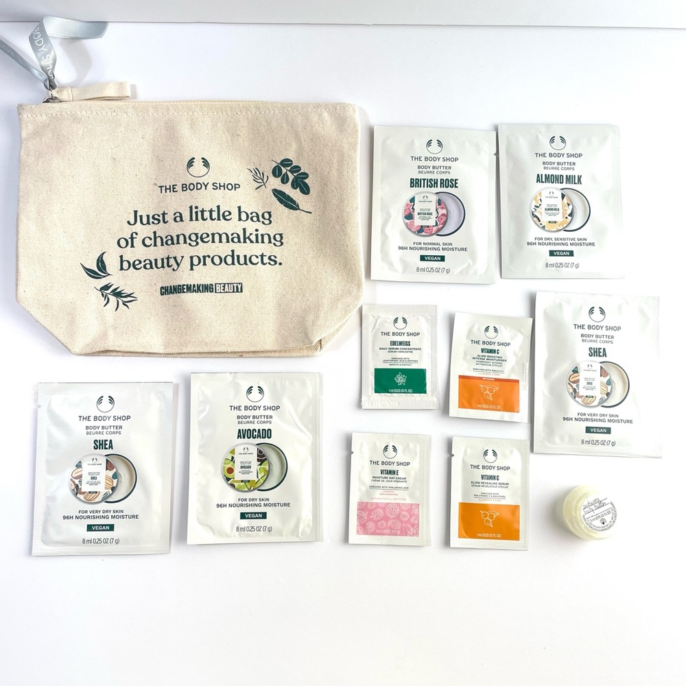 New The Body Shop Lot Travel Size Body Butter Face Serum Face Cream Makeup Bag